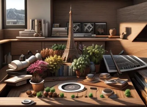 modern office,wooden desk,office desk,apple desk,desk,secretary desk,modern kitchen,modern kitchen interior,working space,writing desk,creative office,computer desk,ikebana,modern room,kitchen table,music instruments on table,interior modern design,kitchen design,mid century modern,an apartment