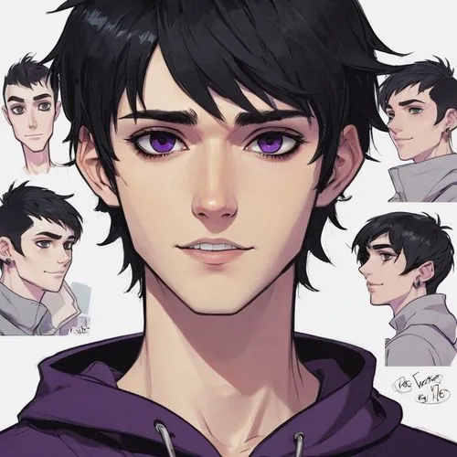 anime boy,male character,violet eyes,pupils,male elf,yukio,black hair,lance,ren,merlin,eyeliner,ken,eyebrows,joshua,denny,marco,purple skin,anime cartoon,prince,pupil,Unique,Design,Character Design