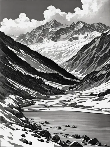 ladakh,pamir,the pamir mountains,piz bernina,bernina,braided river,mountain scene,salt meadow landscape,the pamir highway,himalayas,gorner glacier,central tien shan,snowfield,view of the glacier,matruschka,bernina pass,altai,ortler,himalayan,mountain landscape,Illustration,Black and White,Black and White 14