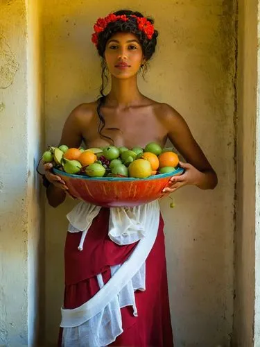 My most beautiful and young Creole hostess came up to me with a bowl of the most delicious fruit and beamed at me lovingly.,a woman is holding a bowl of fruit,peruvian women,ethiopian girl,mauritian,e