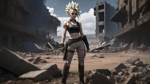 mohawk,cynara,takikomi gohan,post apocalyptic,scrapyard,punk design,strong woman,tiber riven,punk,sanya,shallot,rubble,anime cartoon,explosion,explosion destroy,anime 3d,goddess of justice,destroyed city,2d,nine-tailed