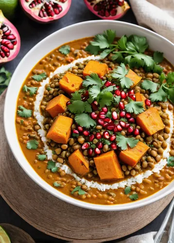 White bowl filled with sweet potato lentil curry garnished with cilantro, slices of lime, and pomegranate arils,chana masala,dal makhani,dal,lentil soup,carrot and red lentil soup,pumpkin soup,punjabi