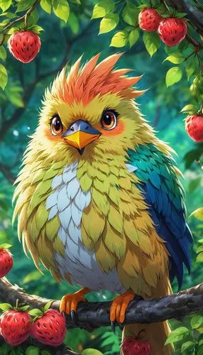 caique,strawberries falcon,bird painting,pombo,tropical bird,tropical bird climber,Illustration,Japanese style,Japanese Style 03