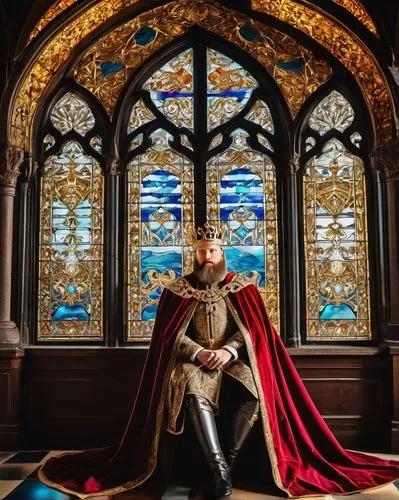 Majestic king, medieval architecture, ornate metal details, intricate ironwork, golden coupon in hand, luxurious beard, crown jewels, regal attire, velvet cape, ornate throne, grand hall, high ceiling