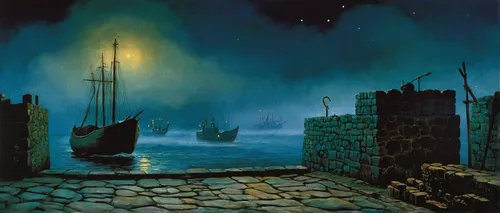 night scene,fantasy picture,dunun,maelstrom,sea night,sea fantasy,quay wall,harbor,el mar,galleon,heroic fantasy,shipwreck,hamelin,the pied piper of hamelin,fantasy landscape,fantasy art,game illustration,fantasia,the wreck of the ship,sea landscape,Art,Artistic Painting,Artistic Painting 31