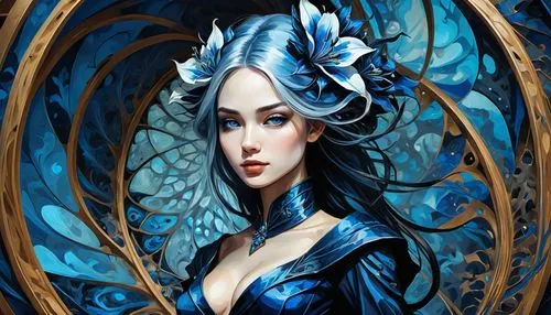 blue enchantress,fantasy portrait,fantasy art,blue peacock,blue rose,sorceress,winterblueher,blue painting,ice queen,blue heart,blue moon rose,blue snowflake,fairy tale character,fantasy woman,virgo,elsa,sapphire,zodiac sign libra,blue ribbon,the enchantress,Illustration,Realistic Fantasy,Realistic Fantasy 23