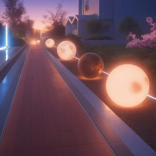 planets and orbs,a street is lit up with lights at night,spheres,blue spheres,luminarias,shaders,thatgamecompany,ambient lights,orbs,lava balls,lanterns,megaplumes,volumetric,teleporters,shader,light 