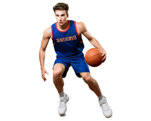 Basketball player, athletic male, sporty, dynamic pose, sweaty skin, messy short hair, determined facial expression, basketball jersey, shorts, sneakers, bouncing ball, powerful legs, strong arms, jum