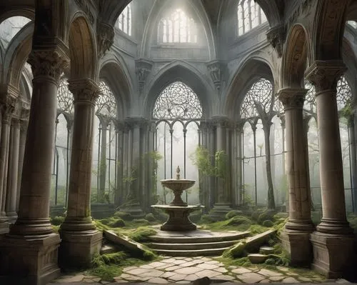 hall of the fallen,rivendell,sanctuary,fantasy landscape,alfheim,cathedrals,labyrinthian,sanctum,cloistered,fantasy picture,kingdoms,fantasy art,diagon,gondolin,sacristy,beleriand,hogwarts,magisterium,moss landscape,ruins,Art,Classical Oil Painting,Classical Oil Painting 02