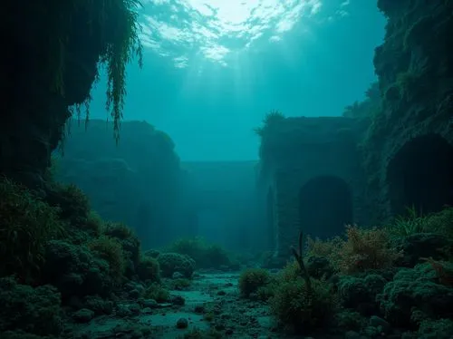 sunken church,depths,sea trenches,undersea,the bottom of the sea,underwater landscape,ocean underwater,underwater oasis,ocean floor,deep ocean,cenote,sunken ship,deep sea,bottom of the sea,sea caves,atlantis,underwater background,the wreck of the ship,herakleion,cave on the water