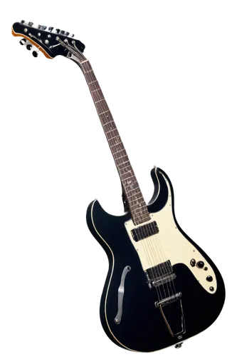 Electric guitar, free-standing, solo, shiny surface, metallic body, six strings, tuning pegs, fretboard, pickguard, strap pins, bridge, whammy bar, black leather strap, spotlight, close-up, 3/4 compos