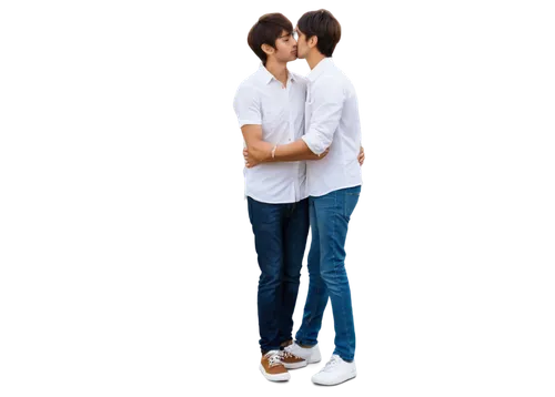 Two men, kissing, embracing, loving expression, soft facial features, messy brown hair, casual wear, white shirt, dark jeans, sneakers, holding hands, tender moment, warm sunlight, shallow depth of fi