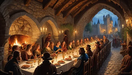 holy supper,hobbiton,the pied piper of hamelin,candle light dinner,hobbit,last supper,dinner party,medieval market,exclusive banquet,fine dining restaurant,long table,christ feast,medieval,bavarian dinner,candlemas,romantic dinner,thanksgiving dinner,family dinner,jrr tolkien,medieval street,Illustration,Realistic Fantasy,Realistic Fantasy 40