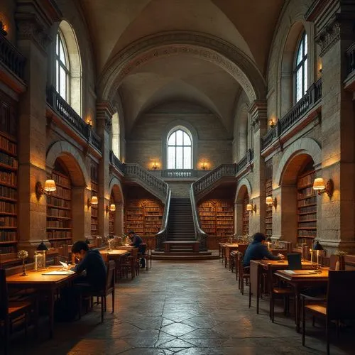 Ancient, majestic library, masonry material, stone walls, arched windows, grand staircase, ornate columns, high ceilings, solemn atmosphere, warm lighting, bookshelves, wooden tables, comfortable chai