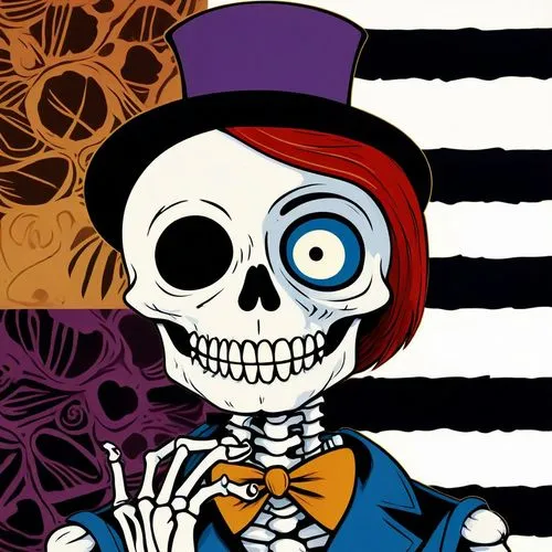 a skeleton dressed in top hat with two different colors,calaverita sugar,day of the dead skeleton,calavera,la catrina,la calavera catrina,skelton