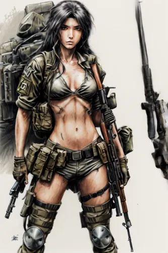 mercenary,hard woman,shooter game,female warrior,massively multiplayer online role-playing game,gi,girl with gun,action-adventure game,game illustration,girl with a gun,woman holding gun,strong milita