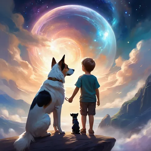 boy and dog,companion dog,children's background,companionship,mans best friend,dog and cat,fantasy picture,companion,sun and moon,human and animal,dog illustration,my dog and i,moon and star,malinois and border collie,the moon and the stars,dream world,little boy and girl,magical moment,cosmos,star sky,Illustration,Realistic Fantasy,Realistic Fantasy 01