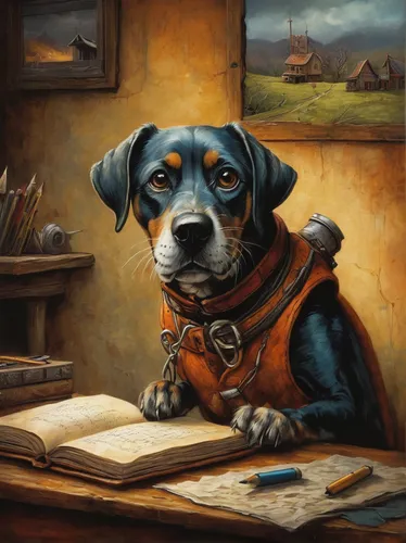 scholar,dog illustration,working terrier,pet portrait,jack russell,jack russel,companion dog,tutor,artist portrait,dachshund,author,working dog,dog drawing,dog,poet,terrier,beagle,dachshund yorkshire,painting technique,veterinarian,Illustration,Realistic Fantasy,Realistic Fantasy 34