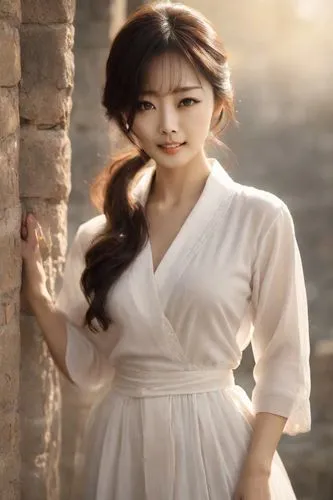 Masterpiece,best quality,1girl, Korean actress, age 40, slight smile, petite, long dark brown expressive brown eyes, make-up, pretty, photogenic face, film star looks, ,ao dai,hanbok,white winter dres