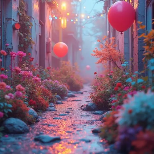 alley,alleyway,colorful balloons,lanterns,pathway,pink balloons,alleyways,sidewalk,walkway,fallen colorful,falling flowers,3d fantasy,flowers fall,colorful light,fairy lanterns,red balloons,colored lights,sea of flowers,bloomeries,passage,Photography,General,Realistic