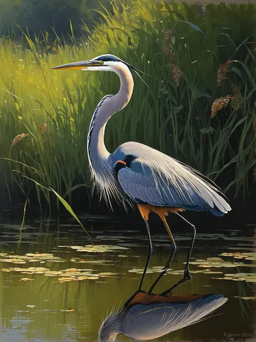 eastern great egret,great blue heron,great egret,great heron,pacific heron,great white egret,bird painting,gray heron,common heron,egret,egretta novaehollandiae,wading bird,cow heron,white necked heron,heron,herons,spoon heron,white-faced heron,snowy egret,white heron,Art,Classical Oil Painting,Classical Oil Painting 32