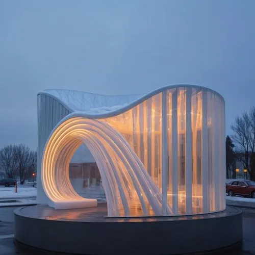 an artistic design with white lights,cubic house,acconci,aros,bus shelters,mirror house,snow ring,Photography,General,Realistic