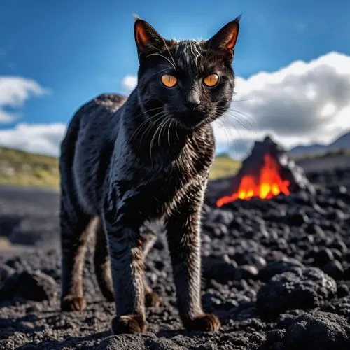 feral cat,cirneco dell'etna,cat warrior,lava,domestic short-haired cat,aegean cat,coal,wild cat,jiji the cat,scorched earth,breed cat,animal feline,fire eyes,magma,active volcano,charred,volcanism,cat,cat european,pet black,Photography,General,Realistic