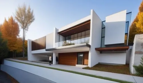 diseño exterior de una residencia con estilo minimalista, elementos de concreto blanco, canal de acero en remates de losa, madera, cancales de aluminio y crital, vegetación, iluminación a base de leds