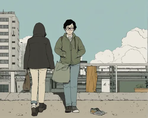 sakana,pedestrian,the girl at the station,shirakami-sanchi,a pedestrian,tokyo,young couple,pedestrians,two meters,sidewalk,boy and girl,overcoat,shibuya,flats,busstop,parka,departure,promenade,gray-green,camera illustration,Illustration,Vector,Vector 10