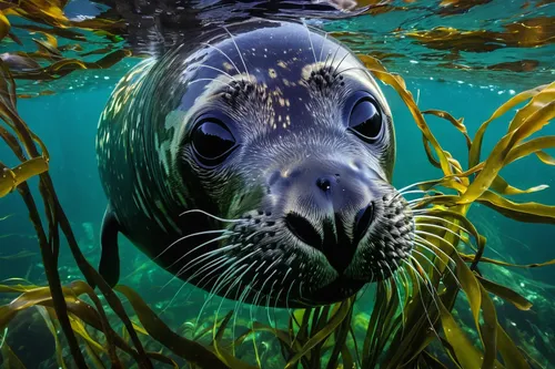 Seal looking directly at the camera while swimming in kelp forest,california sea lion,harbor seal,gray seal,fur seal,sea lion,grey seal,seal,baltic gray seal,bearded seal,aquatic mammal,marine animal,