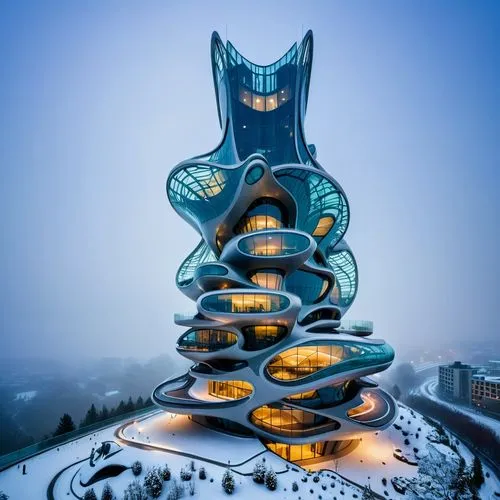 futuristic architecture,chinese architecture,dragon palace hotel,snowhotel,ice hotel,south korea,futuristic art museum,asian architecture,eco hotel,dalian,animal tower,electric tower,ski resort,steel 