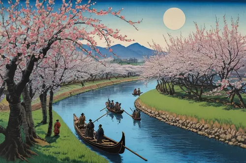 japan landscape,river landscape,japanese cherry trees,sakura trees,cherry trees,the cherry blossoms,takato cherry blossoms,plum blossoms,boat landscape,japanese art,spring in japan,early spring,cherry blossom japanese,almond trees,lake tanuki,sakura cherry tree,japanese sakura background,cherry blossom festival,oriental painting,khokhloma painting,Illustration,Realistic Fantasy,Realistic Fantasy 22