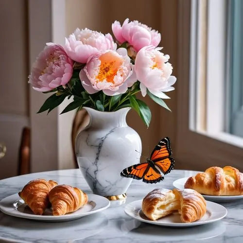 There's a beautiful marble vase with peonies on it with a beautiful orange butterfly sitting on it, a cup of coffee and a croissant.,pastries,mini croissants,kanelbullar,easter pastries,teacup arrange