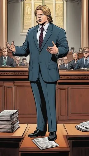 2D-Comic portrait of Elden Henson as a lawyer debating in a courthouse.,this is an image of a man speaking to people,superlawyer,objection,litigator,grossberg,prosecutor,hearings,Illustration,American