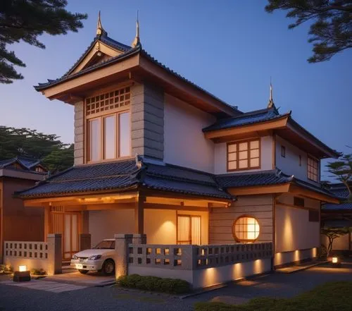 DUSK, JAPANESE STYLE,asian architecture,traditional house,wooden house,beautiful home,teahouses,japanese-style room,residential house,ryokans,ryokan,dojo,japanese shrine,private house,ancient house,tr