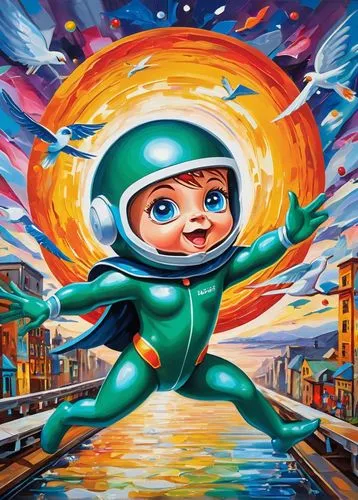 cartoon ((friendly baby inside a kinder egg floating the river bridge)) sunset grey head  in space balon. Her eyes are filled with intense focus.  capturing the world of reality and technology. This t