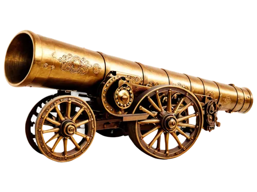 Cannon clip art, old-fashioned, bronze material, intricate carvings, cylindrical shape, rounded edges, ornate details, golden accents, realistic texture, metallic sheen, low-angle shot, dramatic light