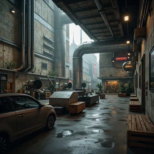 bladerunner,fabrik,environments,kowloon city,garage,alleyway,crytek,harbour city,underpasses,parkade,alley,urban,underpass,alchemax,kaidan,quantic,garages,loading dock,kowloon,warehouses