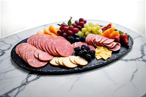 Modern cold cuts platter, assorted meats, colorful garnishes, fresh fruits, crackers and bread, elegant arrangement, marble background, shallow depth of field, warm lighting, 3/4 composition, close-up