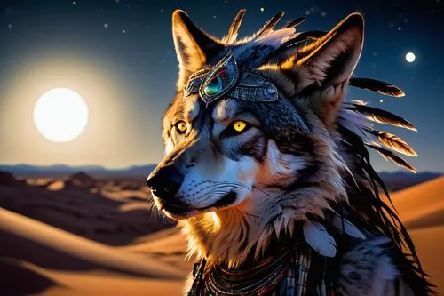 Navajo skinwalker, mystical creature, wolf-like features, glowing yellow eyes, sharp claws, furry body, tribal tattoos, feathered headdress, desert landscape, full moon, starry night sky, sand dunes, 