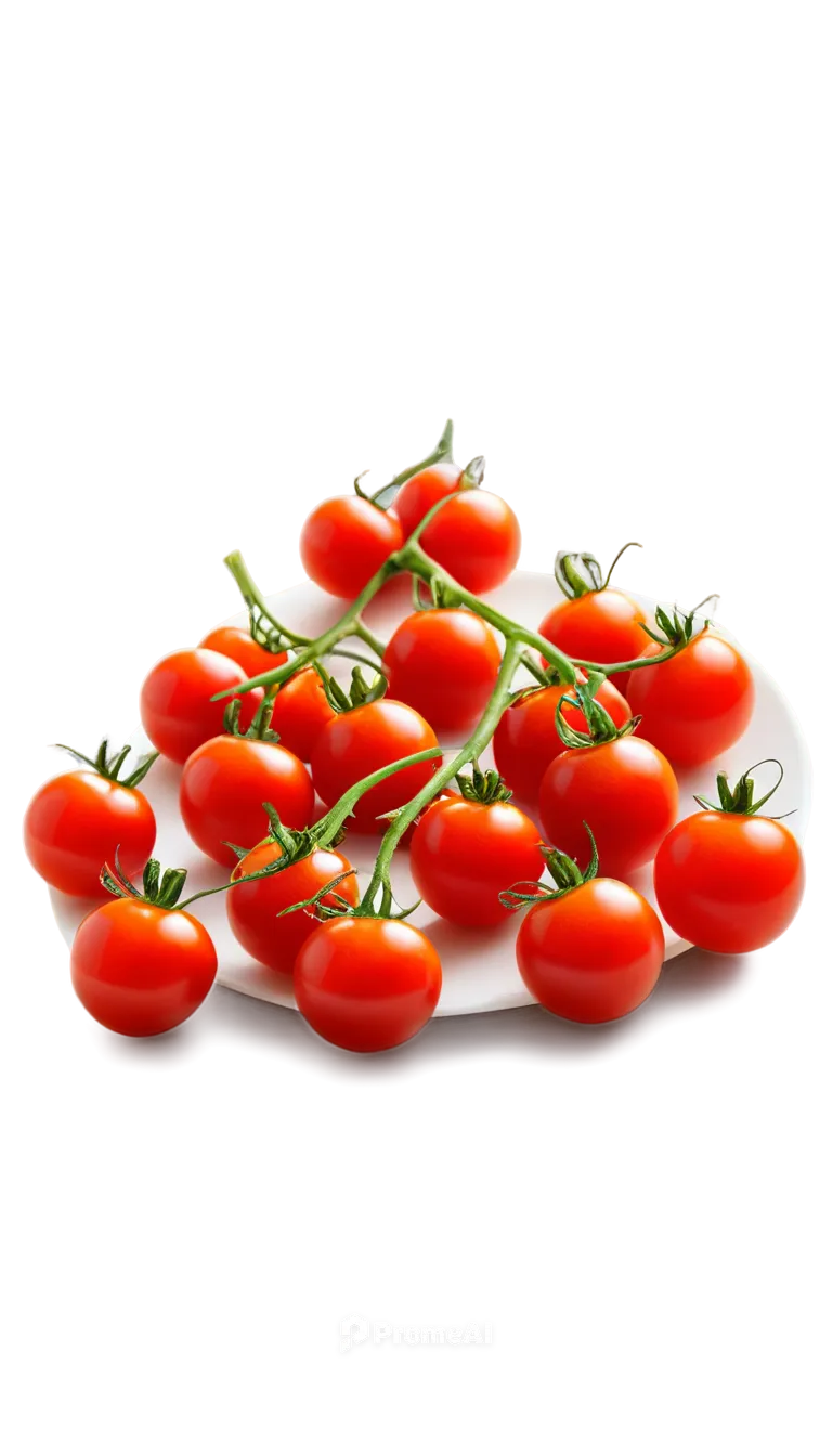 Cherry tomatoes, ripe red, glossy surface, green stem attached, scattered on white plate, soft natural light, shallow depth of field, 3/4 composition, warm color tone, cinematic lighting, detailed tex