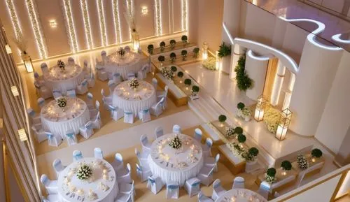 top view , wedding hall , luxury , modern and simple , dreamy , realistic ,wedding hall,largest hotel in dubai,centrepieces,ballroom,baccarat,table arrangement,event venue,wedding decoration,3d render