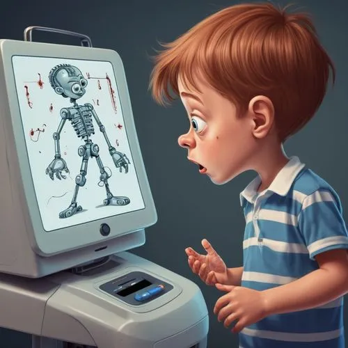 A cartoon of a frightened child standing and looking at a sophisticated machine on whose screen you can see the results of a blood test,digital vaccination record,radiology,artificial intelligence,gam