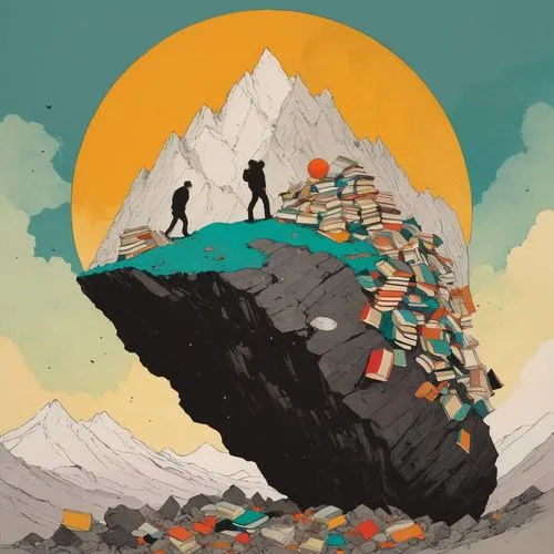 mountain world,alpine crossing,mountain peak,digital nomads,summit,summiting,summits,rock mountain,mountain slope,mountain,summiters,sisyphus,kailash,summiteers,book illustration,cloud mountain,gokyo,sci fiction illustration,rock stacking,mountain scene,Illustration,Paper based,Paper Based 19