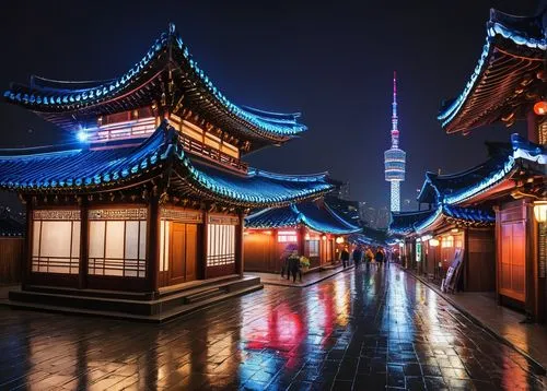 japan's three great night views,asian architecture,suzhou,asakusa,night photography,gyeongbokgung,shuozhou,chaozhou,soochow,blue hour,at night,street lamps,gyeongbok,lanterns,seoul,namsan hanok village,night image,night photograph,jinhae,the park at night,Conceptual Art,Sci-Fi,Sci-Fi 20