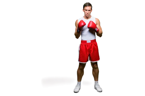 Male boxer, muscular athletic body, sweaty skin, serious facial expression, cauliflower ears, nose slightly crooked, short hair, boxing gloves, red boxing shorts, white shoes, standing in fighting sta