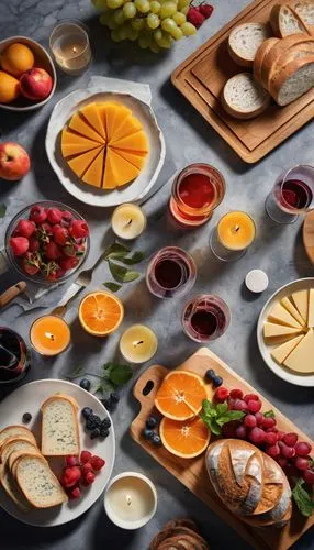 Food magazine cover, modern design, flat lay, gourmet kitchen, marble countertop, stainless steel appliances, wooden utensils, fruit basket, artisanal bread, cheese board, wine glasses, rustic dinner 