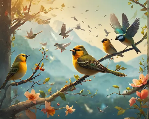 songbirds,flower and bird illustration,birds on a branch,goldfinches,birds on branch,bird painting,wild birds,golden parakeets,golden finch,birds singing,little birds,colorful birds,bird robins,bird kingdom,finches,birds gold,garden birds,bird illustration,humming birds,birds,Conceptual Art,Fantasy,Fantasy 02