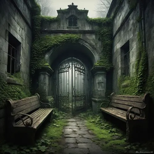 reformatory,hall of the fallen,lostplace,doorways,the threshold of the house,blackgate,abandoned place,abandoned places,creepy doorway,prison,lost place,passageway,heaven gate,imprisoning,fantasy picture,asylum,entrances,deviantart,abandoned room,corridors,Illustration,Abstract Fantasy,Abstract Fantasy 01