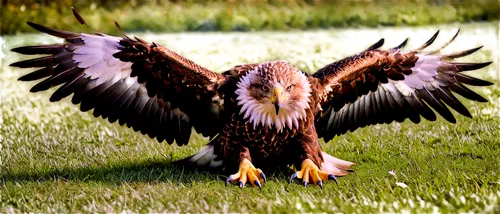 Dead eagle, majestic wings spread wide, sharp talons curled up, golden brown feathers ruffled, pale beak open, glassy eyes, serene facial expression, lying on grass, subtle shadows, warm afternoon lig